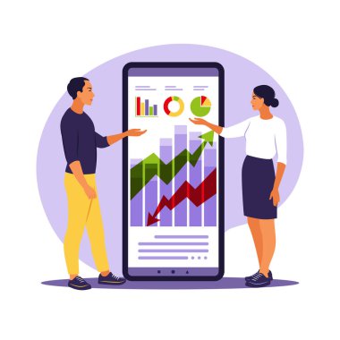 Yüksek potansiyeli olan yeniliklere yatırım yapan iş adamları. Başarılı yatırımcılar ya da girişimciler. Ticaret, finansal danışmanlık, yatırım ve tasarruf. Vektör çizimi. Düz.