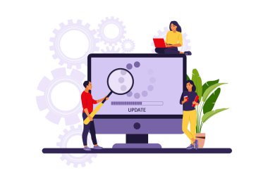 Konsepti güncelle. Programcılar bilgisayarın işletim sistemini güncelliyor. Vektör çizimi. Düz