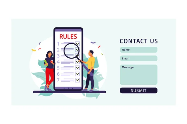 Les gens étudient la liste des règles, font une liste de contrôle, lisent les conseils. Contactez-nous formulaire. Illustration vectorielle. Style plat — Image vectorielle
