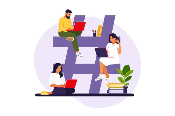 Hashtag y concepto de redes sociales. Jóvenes con símbolo de hashtag. Ilustración vectorial. Piso aislado. — Vector de stock