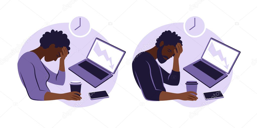 Professional burnout syndrome. Illustration tired african female and man office worker sitting at the table. Frustrated worker, mental health problems. Vector illustration in flat style.