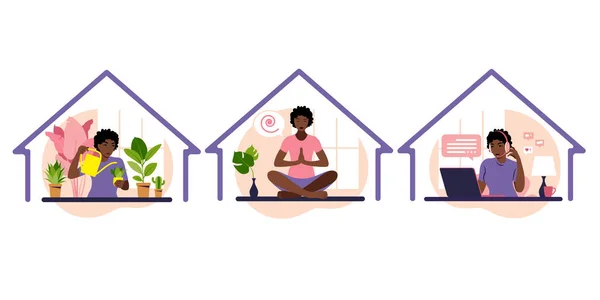 Quédate en casa concepto. Chica africana se ocupa de las plantas de interior, el trabajo en el ordenador portátil haciendo yoga y meditación. Autoaislamiento, cuarentena por coronavirus. Vector. — Vector de stock