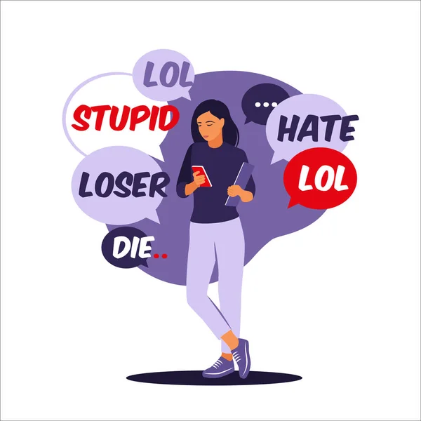 Cyber bullying concept. Woman receives abusive messages. Vector illustration. Flat. — Stock Vector