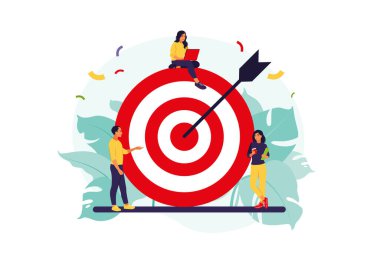 İş ekibi hedefe ulaşıyor. Pazarlama stratejisi konsepti. Oklu büyük hedeflere yakın insanlar. Vektör çizimi. İzole edilmiş daire.