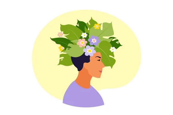 Psychische Gesundheit, Glück, Harmoniekonzept. Glücklicher Männerkopf mit Blumen drinnen. Achtsamkeit, positives Denken, Selbstfürsorge. Vektorillustration. Flach. — Stockvektor