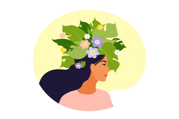 Santé mentale, bonheur, concept d'harmonie. Bonne tête féminine avec des fleurs à l'intérieur. Pleine conscience, pensée positive, idée d'autosoin. Illustration vectorielle. Plat. — Image vectorielle