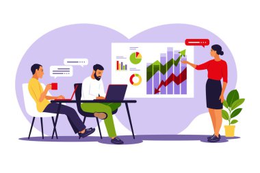 Proje üzerinde çalışan meslektaşlar. İş ekibi büyük masada birlikte çalışıyor. Vektör çizimi. Düz biçim