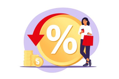 İade programı, tüketici yararları, indirim konsepti. Tasarruf. Para iade servisi. Maliyet transferi. Vektör çizimi. Düz.