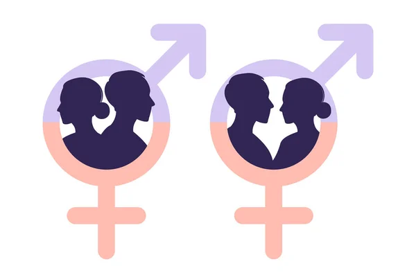 Gendergelijkheid. Mannen en vrouwen staan op de weegschaal voor gendergelijkheid. Silhouetten van een man en een vrouw. Het geslachtsteken. Vector illustratie. Vlak. — Stockvector