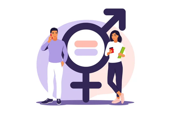 Gendergelijkheid. Mannen en vrouwen staan op de weegschaal voor gendergelijkheid. Vector illustratie. Vlak. — Stockvector