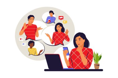 Sohbet konsepti. Masaüstünde arkadaşlarıyla sohbet eden bir kadın. Konsept video konferansı, uzaktan çalışma. Vektör çizimi. Düz.