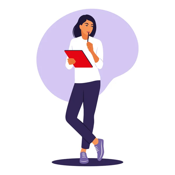 Mujer de pie con carpeta. Trabajador de oficina o concepto de trabajo remoto. Ilustración vectorial. Plano. — Vector de stock