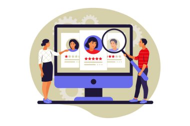 Müşteri değerlendirme konsepti. Kullanıcı geribildirimi. Bir çalışanın değerlendirmesi. Yıldız derecesi. Vektör çizimi. Düz.