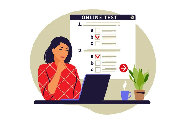 Conceito testes on-line, e-learning, exame no computador. Ilustração vetorial. Plano —  Vetores de Stock