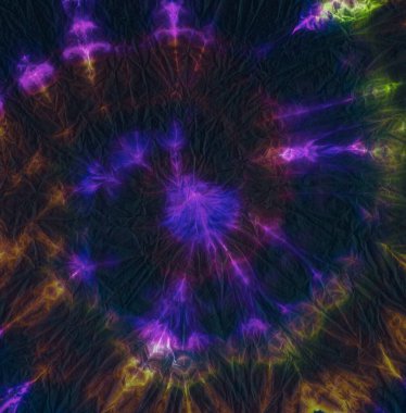 Gece Soyut Psikedelik. Denim Ikat Boya. Soyut Psikedelik Yuvarlak. Renkli 60 'lar boyası. Suluboya Evren Trip Deseni. Yuvarlak Giyim 1970 'lerin Sanatı.