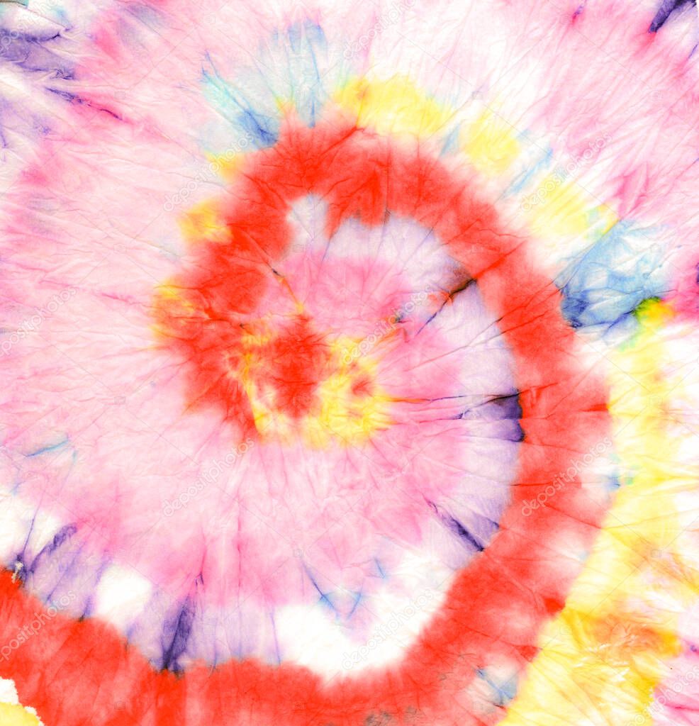 Old Circular Spiral Painting.  Pink Tye Boho Colour Design. Rainbow Spiral Painting. Circular Washed Handmade Background. 70s Dyed Swirl Artwork. Flower Spiral Painting. 