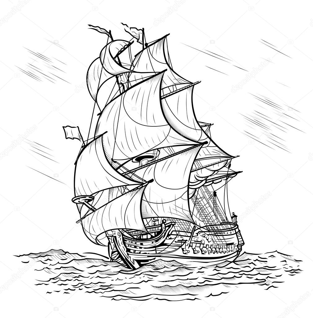 Wind-driven ship on a white background