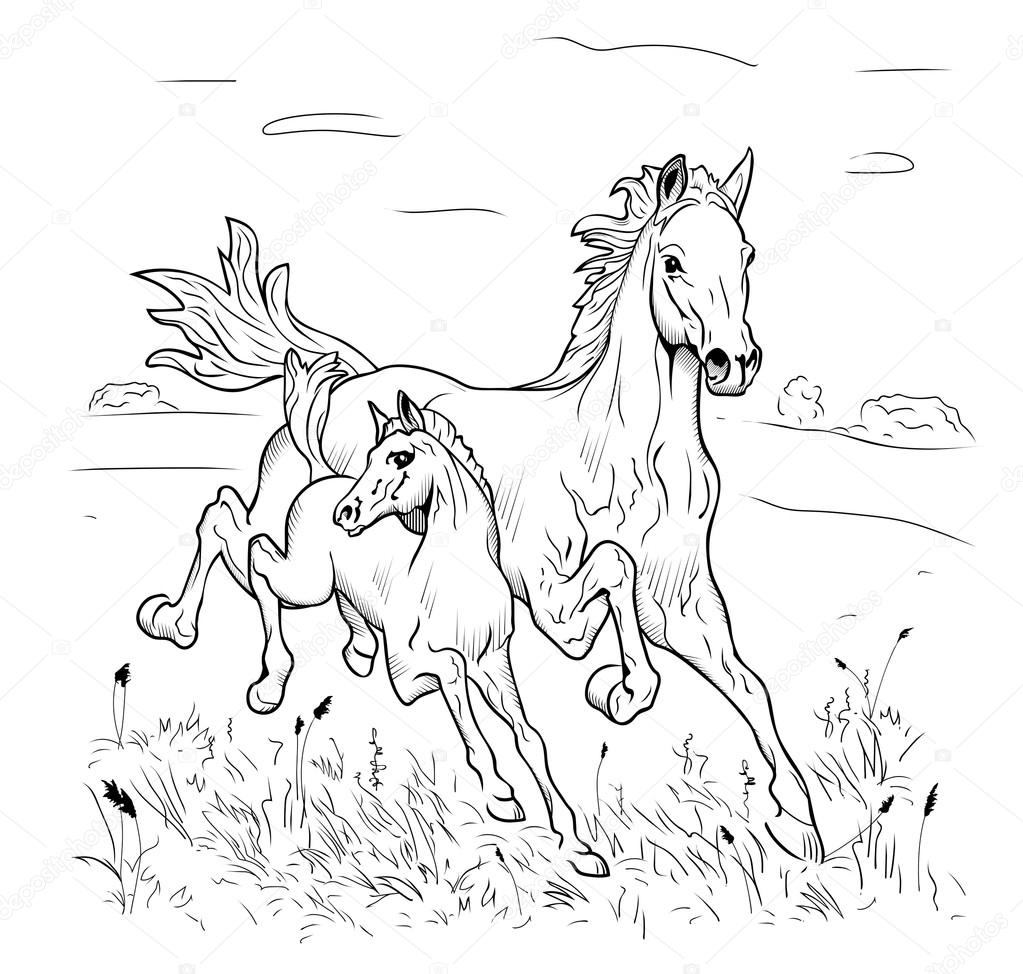 Mare and foal hurry on steppe