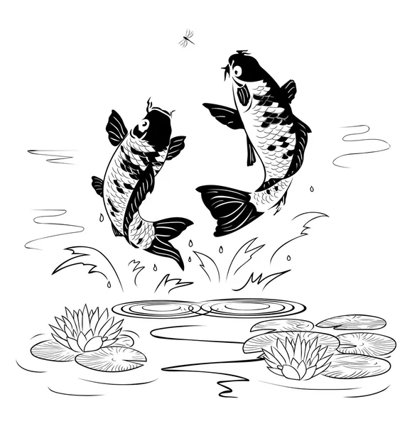 Two carp jump out from water after a dragon-fly — Stock Vector