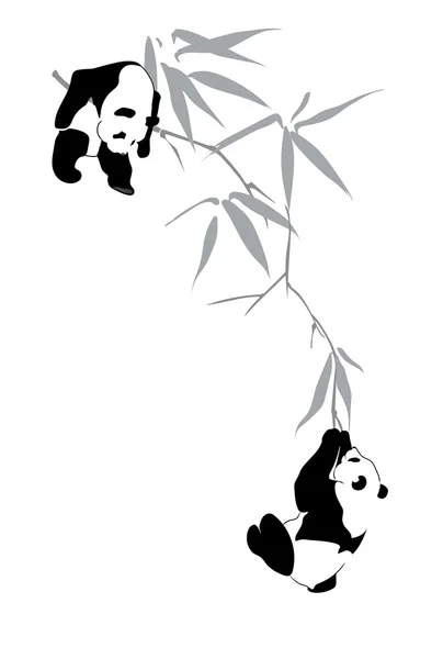 Pandas en rama de bambú — Vector de stock