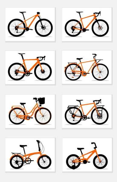 Silhouette Arancioni Nere Biciclette Montagna Ghiaia Strada Donne Urbano Turismo Vettoriale Stock