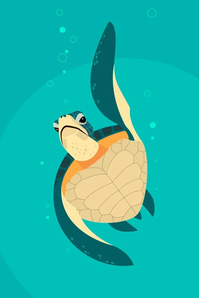 Green Yellow Sea Turtle Rises Depths Sea Surface Stylized Image — Stock Vector