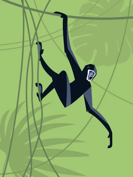 Monkey Hangs Liana Angrily Screams Background Green Jungle Stylized Image - Stok Vektor