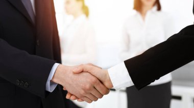 İş adamı ve kadın arka planda iş arkadaşlarıyla tokalaşıyor. Güneşli ofiste tokalaşırken