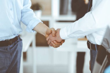 Ofiste iki işadamı el sıkışıyor, yakın plan. Mutlu ve heyecanlı iş kadını arka planda elini kaldırıyor. İş adamları konsepti