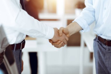 Güneşli ofiste el sıkışan iki işadamı, yakın plan. Mutlu ve heyecanlı iş kadını arka planda elini kaldırıyor. İş adamları konsepti