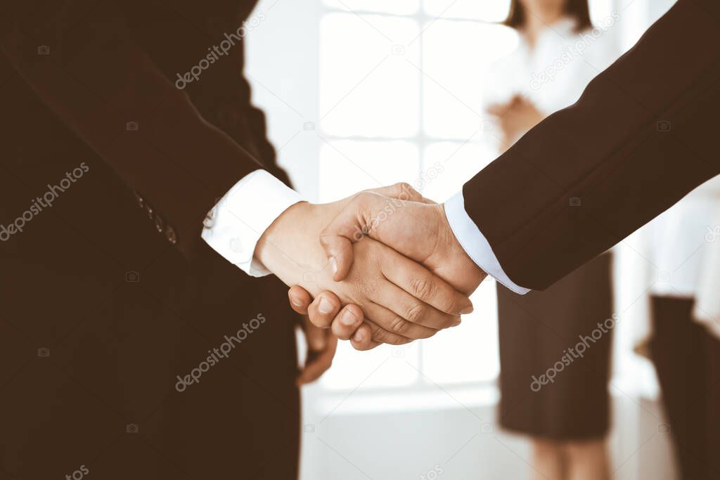 Businessman and woman shaking hands with colleagues at the background. Handshake at meeting in office. Concept of success in business