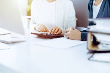 Mali durumu kontrol eden ya da vergi formları için hesap makinesinin geliri ile sayan, elleri yakın çekim. İş kadını ofisteki masada iş arkadaşıyla oturuyor ve çalışıyor. Vergi ve Denetim kavramı