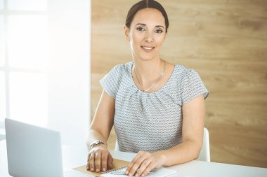 Neşeli gülümseyen iş kadını güneşli ofisteki masada otururken bilgisayarla çalışıyor. Orta yaşlı kadın avukat ya da denetçi.