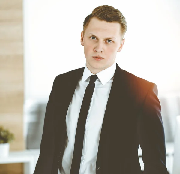 Cheerful businessman standing and looking at camera in sunny office. Headshot of young entrepreneur Stock Photo