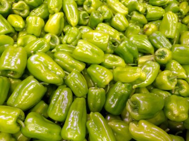 Yeni hasat pazarda bir grup organik yeşil dolma biber, doldurmak için bu yeşil biber, gıda ekonomisi ve sebze fiyatları piyasada