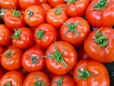 Süpermarketteki yeni hasat kırmızı domatesler, gıda ekonomisi ve sebze fiyatları, temel gıda domatesleri