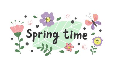 Bahar geldi. El yazısı, yapraklar, çiçekler ve kelebek ile bahar arkaplanı. Vektör illüstrasyonu