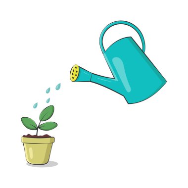 Sulama kabı bitkiyi sulayabilir. Çizgi film vektör illüstrasyonu