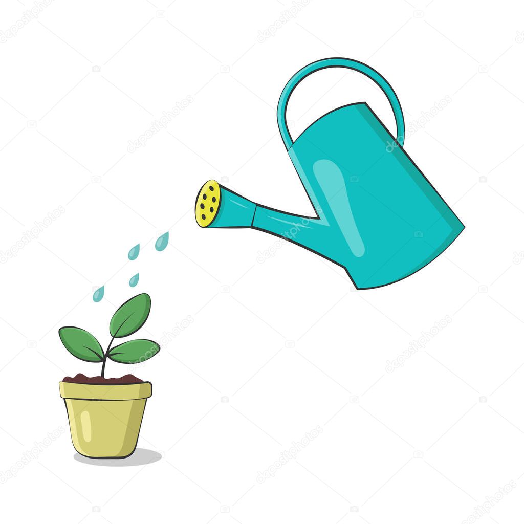 Watering can water the plant in a pot. Cartoon vector illustration