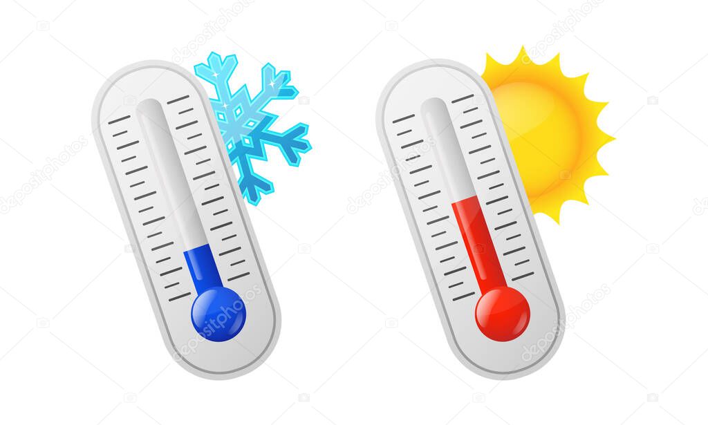Weather icons. Thermometers with sun and snowflake isolated on white background. Vector illustration