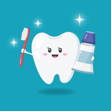 Diş fırçası ve diş macunuyla güzel bir çizgi film dişiymiş. Vektör illüstrasyonu