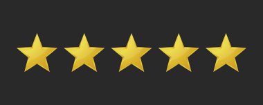 Siyah arka planda izole edilmiş beş altın yıldız. Derecelendirme yıldızı simgesi. Vektör illüstrasyonu 