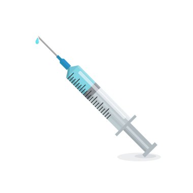 Beyaz zemin üzerinde mavi sıvı bulunan tıbbi şırınga. Düz vektör illüstrasyonu