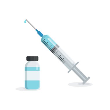 Şişe ve şırınga beyaz arka planda izole edilmiş. Düz vektör illüstrasyonu