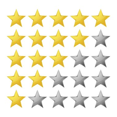 Beş yıldız derecelendirme simgesi beyaz arkaplanda izole edildi. Vektör illüstrasyonu