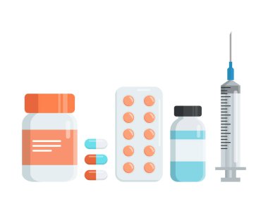 Uyuşturucu seti. Eczane. Haplı ilaç şişesi, kapsüller, haplarla su toplaması, sıvıyla şişe, şırınga. Düz vektör illüstrasyonu 