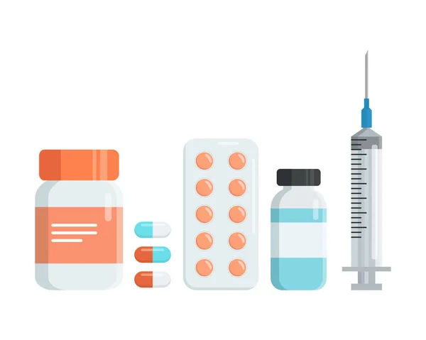 약이든 캡슐이든 물집이든 알약이든 액체가 주사기가 일러스트 — 스톡 벡터