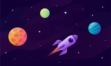 Uzayın vektör illüstrasyonu. Roketli, gezegenli ve yıldızlı arkaplan.