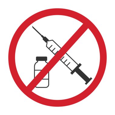 Şırınga ve üzerinde yasak işareti olan bir şişe. Aşı ikonu yok, izole edilmiş. Aşıyı reddetmek. Vektör illüstrasyonu