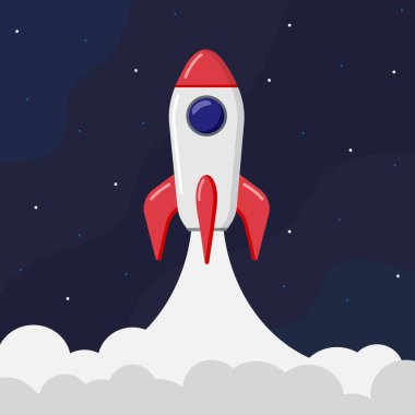 Roket uzaya fırlatıldı. İş kurma konsepti. Vektör illüstrasyonu